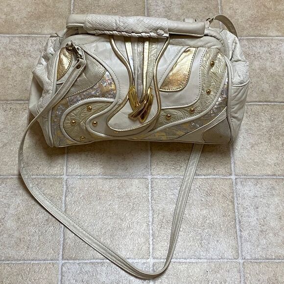 Pinky Handbags - VTG,BAGS BY PINKY GENUINE LEADER MADE IN USA Elegant Cream and Gold Women's Bag